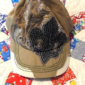 Leader L.O.G.A. Embellished Tan/Cream Distressed Fleur de lis Adjustable Cap
